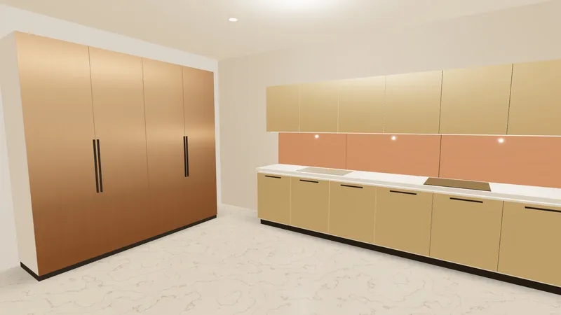 3D visualisation: kitchen & wardrobe clad with SMN designer stainless steel sheets
