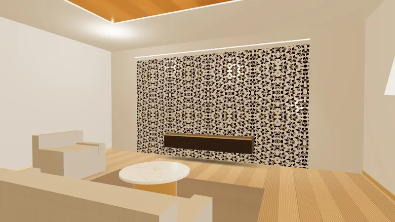 3D visualisation: lounge wall clad with SMN designer stainless steel sheets