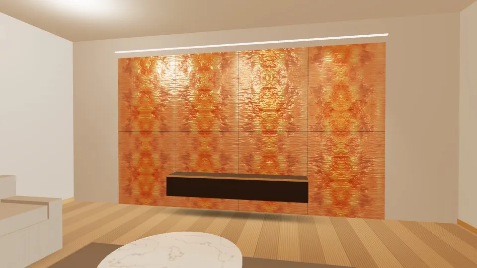 3D visualisation: a lounge feature wall clad with Antique Copper stainless steel sheets