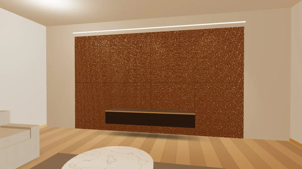 3D visualisation: a lounge feature wall clad with Bronze Hammered stainless steel sheets