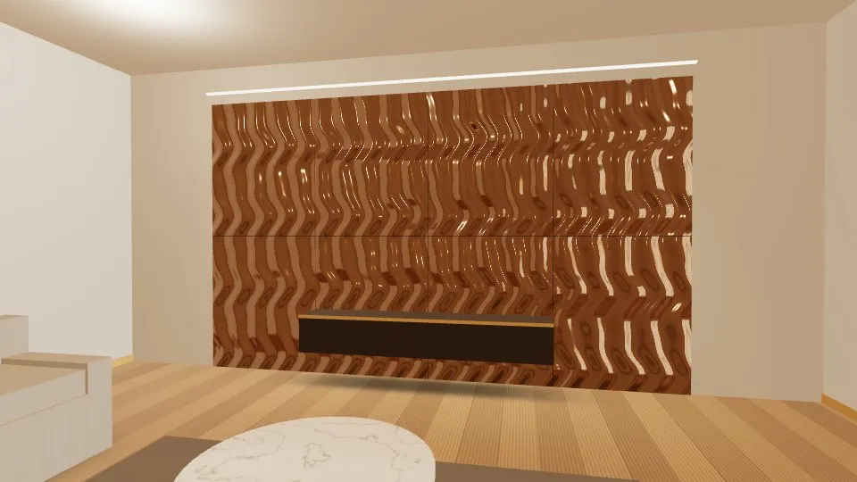 3D visualisation: a lounge feature wall clad with Bronze Rippled stainless steel sheets