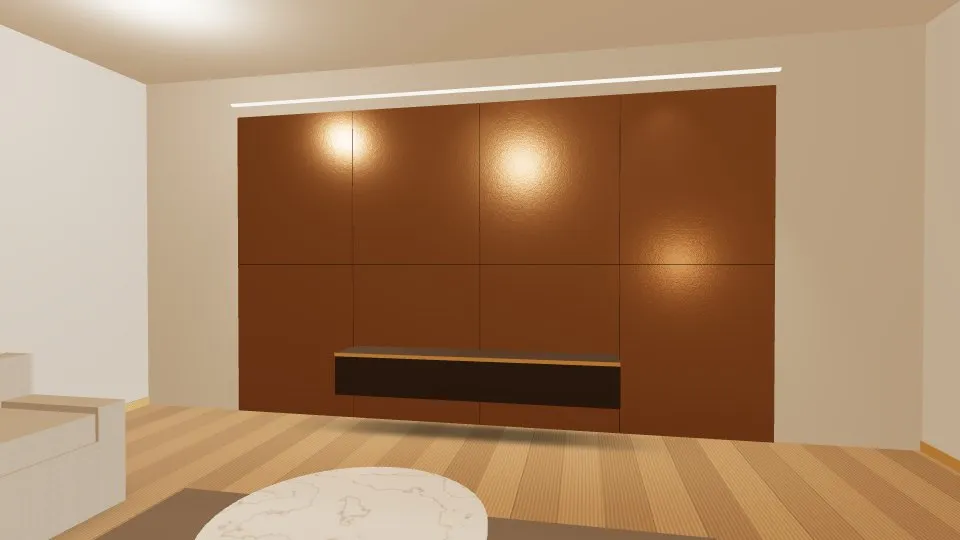3D visualisation: a lounge feature wall clad with Bronze Vibration stainless steel sheets