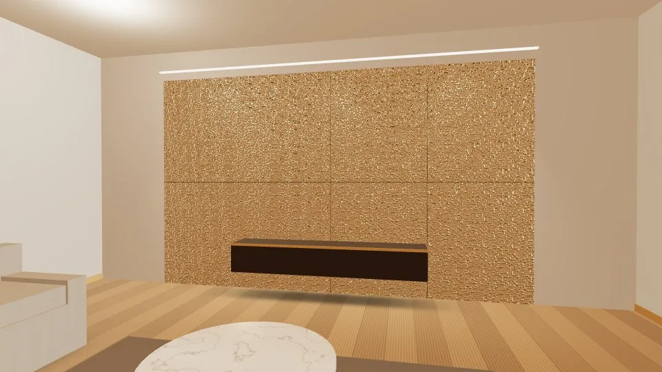 3D visualisation: a lounge feature wall clad with Champagne Gold Hammered stainless steel sheets