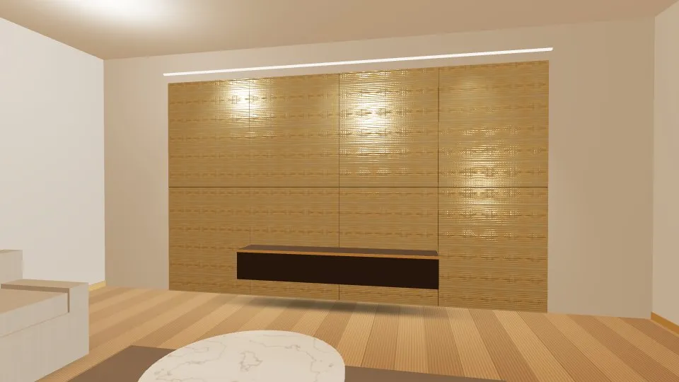 3D visualisation: a lounge feature wall clad with Champagne Gold Oval Dimple Embossed stainless steel sheets