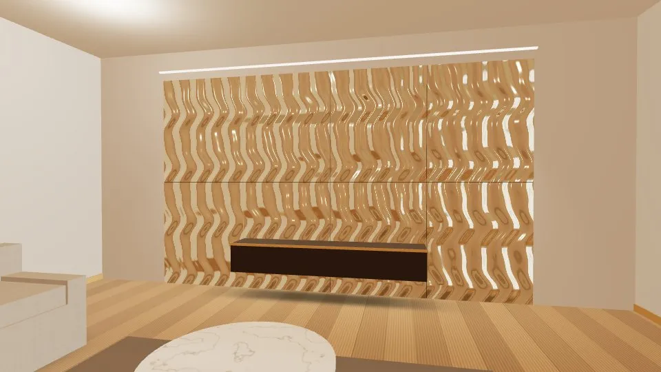 3D visualisation: a lounge feature wall clad with Champagne Gold Rippled stainless steel sheets