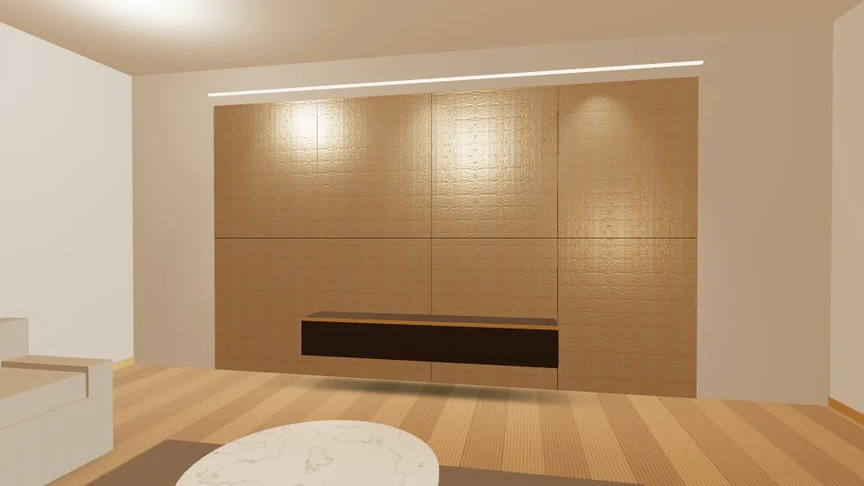 3D visualisation: a lounge feature wall clad with Champagne Linen stainless steel sheets