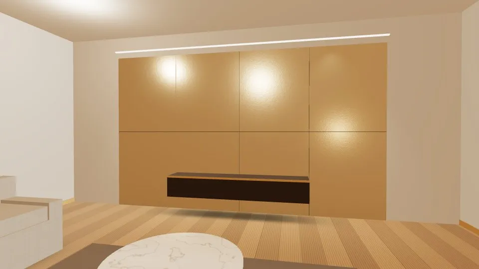 3D visualisation: a lounge feature wall clad with Champagne Vibration stainless steel sheets