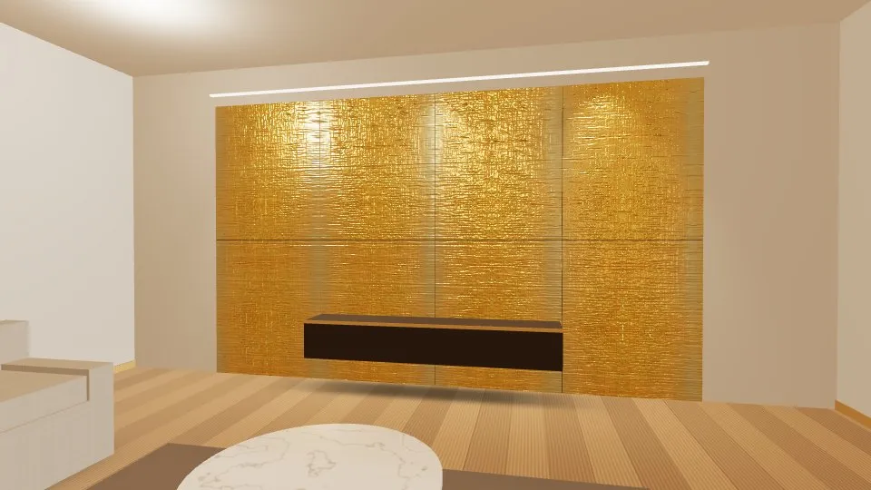 3D visualisation: a lounge feature wall clad with Gold Cross Hairline stainless steel sheets
