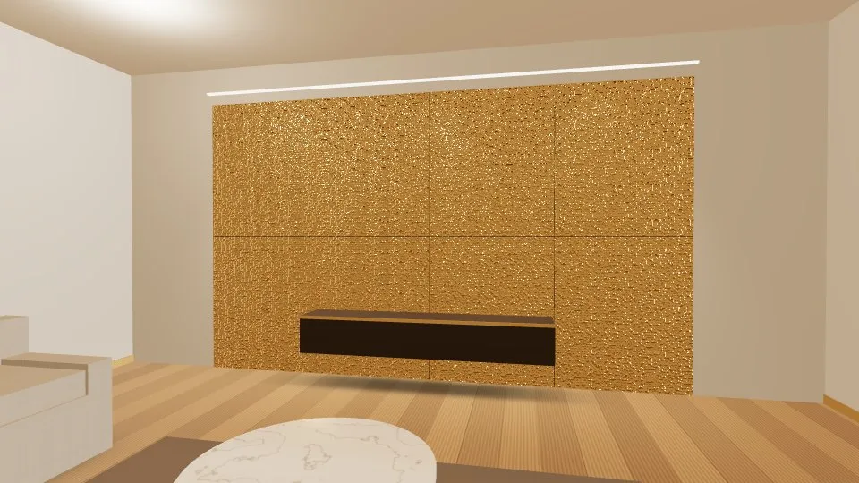 3D visualisation: a lounge feature wall clad with Gold Hammered stainless steel sheets