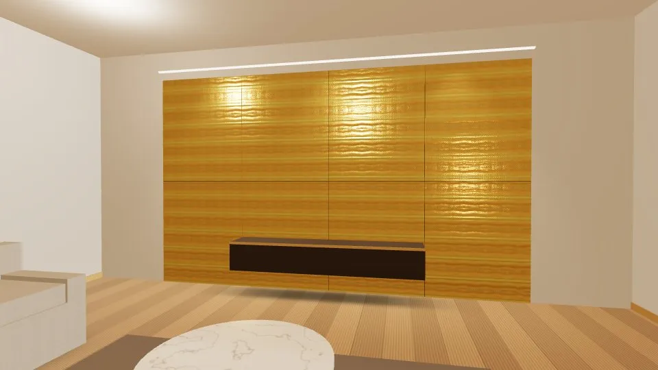 3D visualisation: a lounge feature wall clad with Gold Oval Dimple Embossed stainless steel sheets