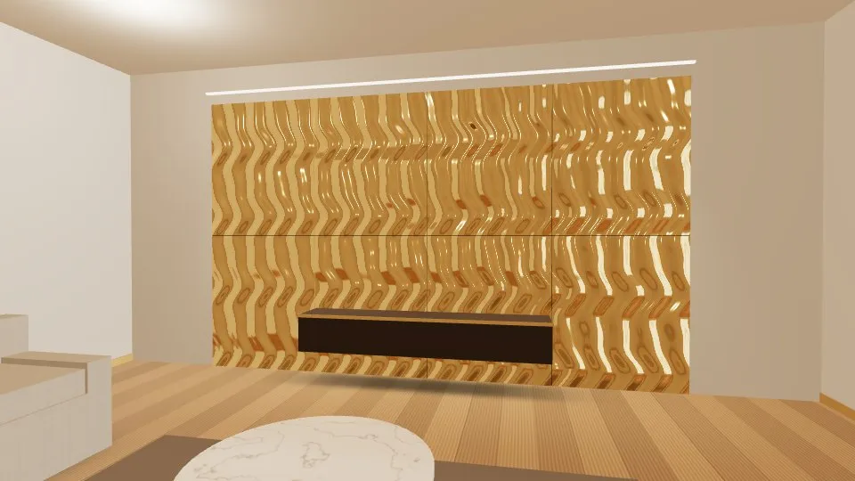 3D visualisation: a lounge feature wall clad with Gold Rippled stainless steel sheets