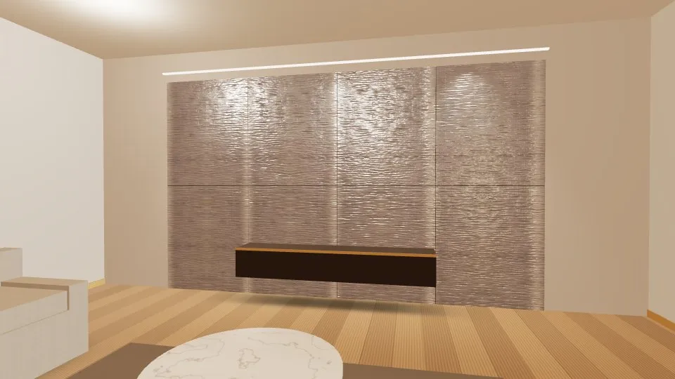 3D visualisation: a lounge feature wall clad with Gunmetal Hairline stainless steel sheets