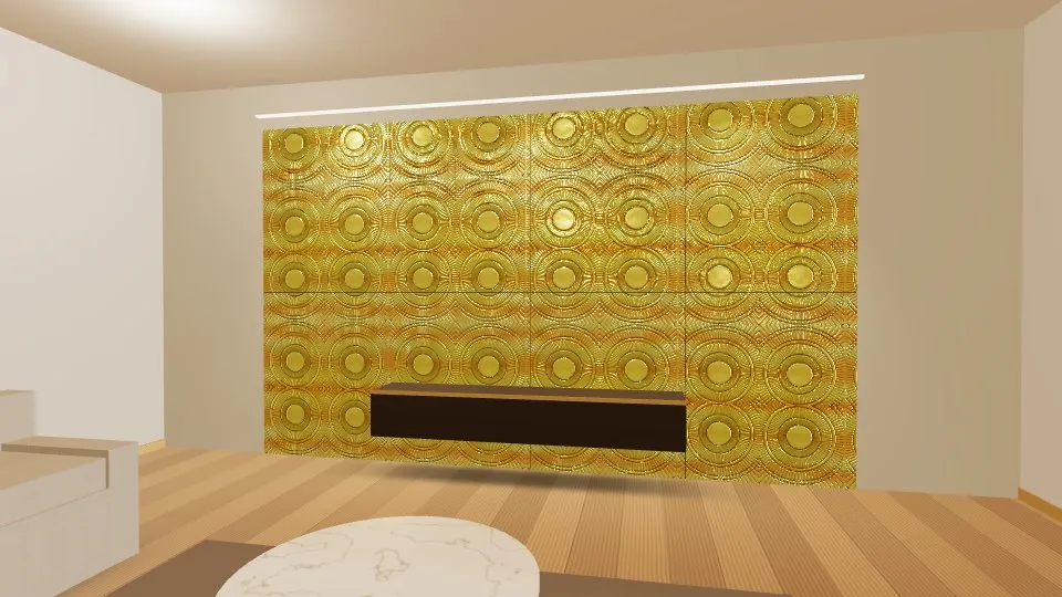 3D visualisation: a lounge feature wall clad with Custom Metal Finish stainless steel sheets
