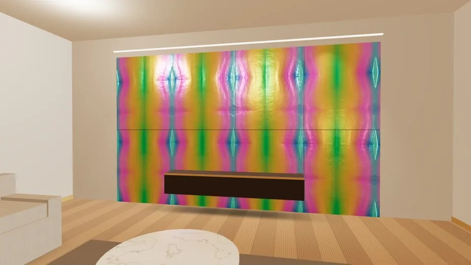 3D visualisation: a lounge feature wall clad with Rainbow PVD Mirror stainless steel sheets