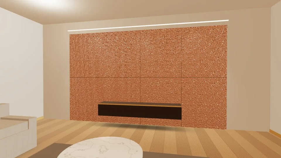 3D visualisation: a lounge feature wall clad with Rose Gold Hammered stainless steel sheets