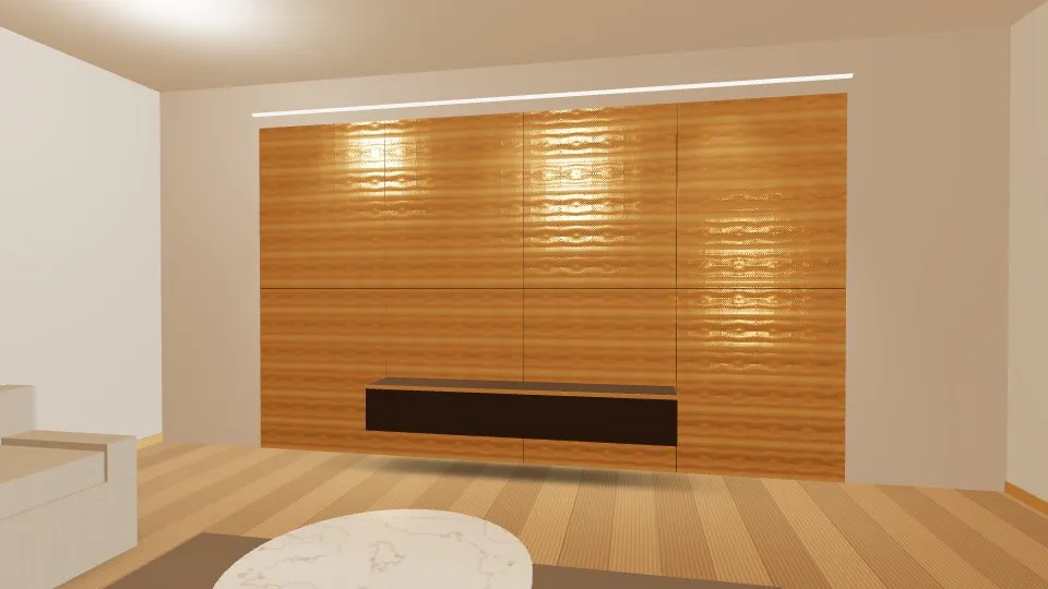 3D visualisation: a lounge feature wall clad with Rose Gold Oval Dimple Embossed stainless steel sheets