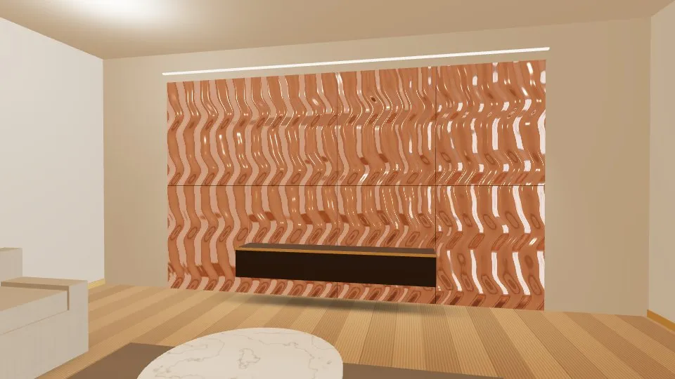3D visualisation: a lounge feature wall clad with Rose Gold Rippled stainless steel sheets