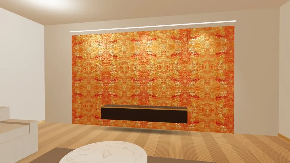 3D visualisation: a lounge feature wall clad with Rust Aged Metal stainless steel sheets