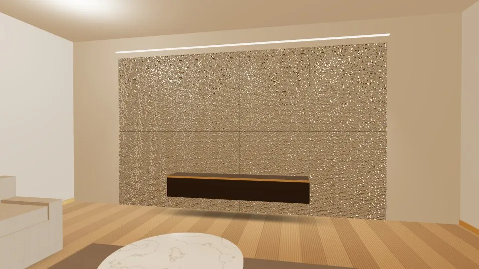 3D visualisation: a lounge feature wall clad with Silver Hammered stainless steel sheets
