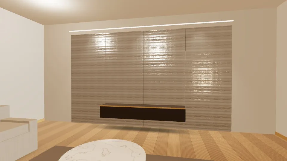 3D visualisation: a lounge feature wall clad with Silver Oval Dimple Embossed stainless steel sheets