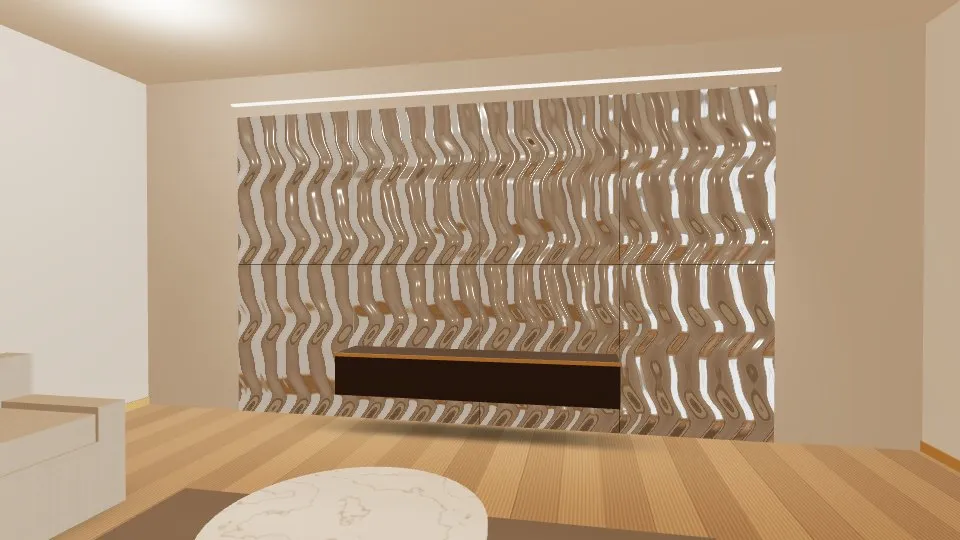 3D visualisation: a lounge feature wall clad with Silver Rippled stainless steel sheets