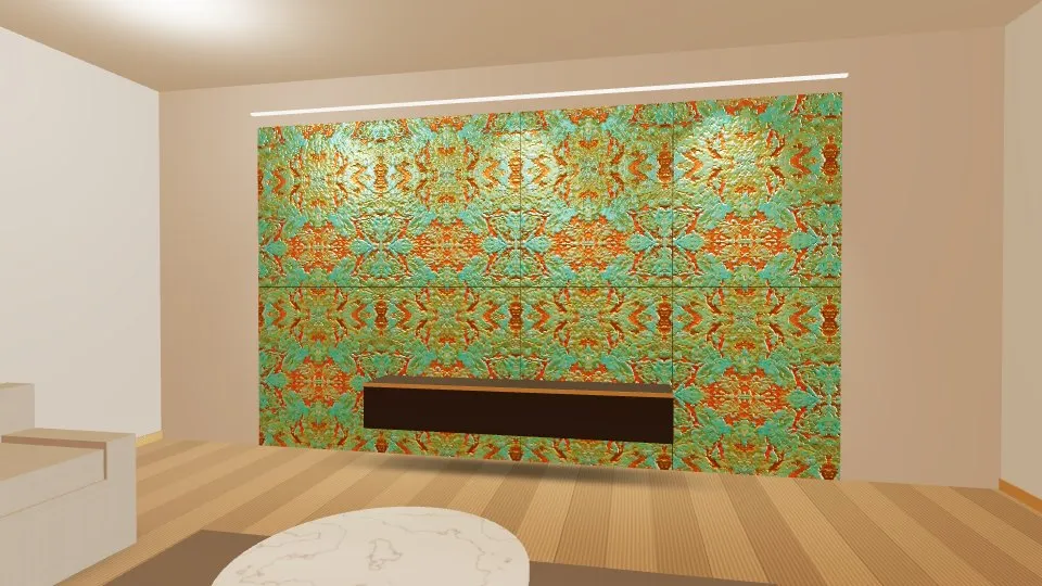 3D visualisation: a lounge feature wall clad with Verdigris Aged Metal stainless steel sheets