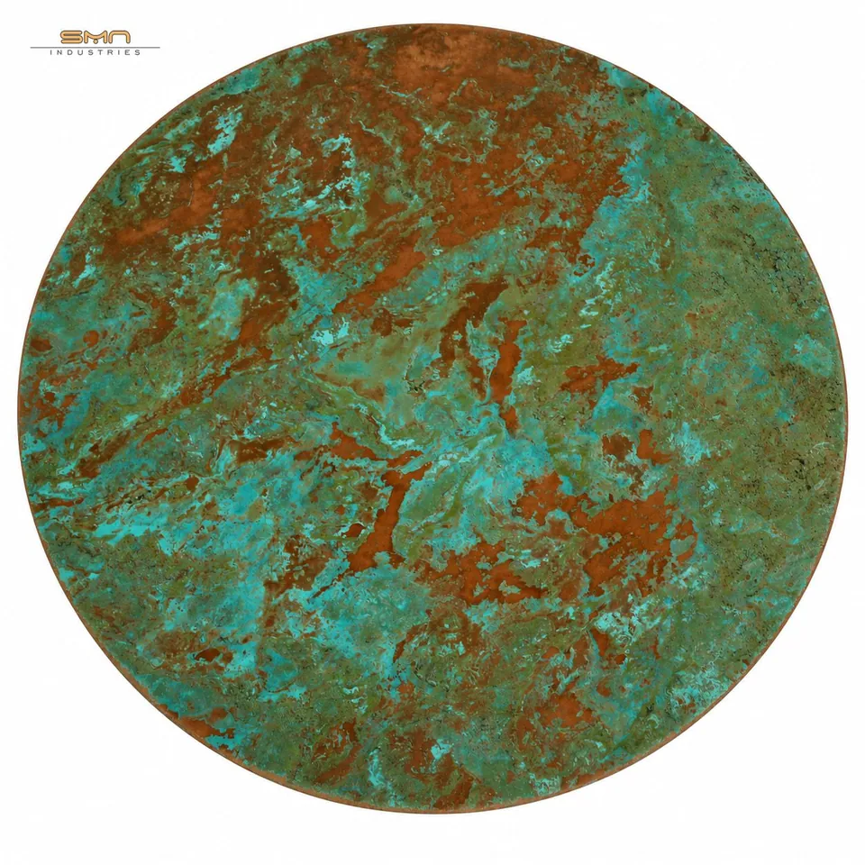 Verdigris aged metal finish stainless steel sheet with a turquoise patina over copper tones