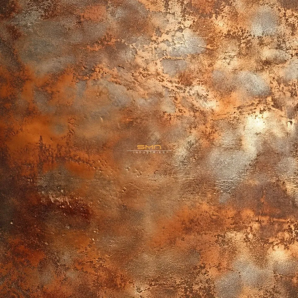 Rust aged metal finish stainless steel sheet with weathered orange, brown and grey tones