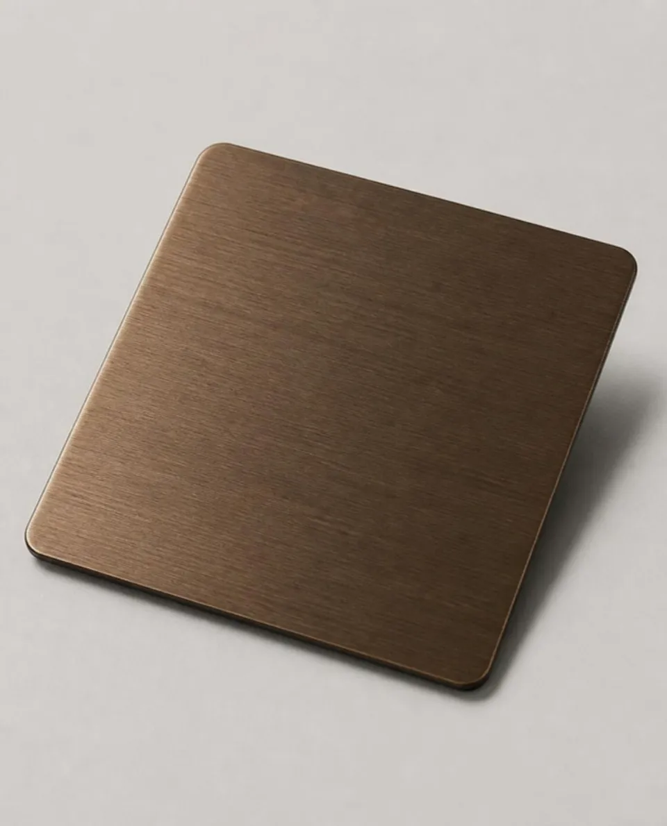Bronze hairline stainless steel sheet sample, long straight brushed lines (AI studio visual)