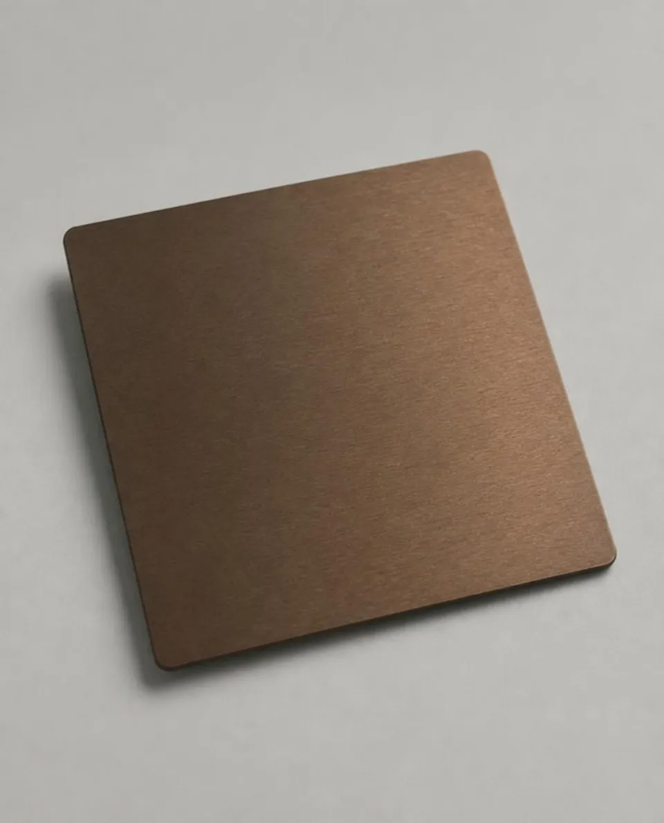 Bronze No.4 matte stainless steel sheet sample, short soft brushed grain (AI studio visual)