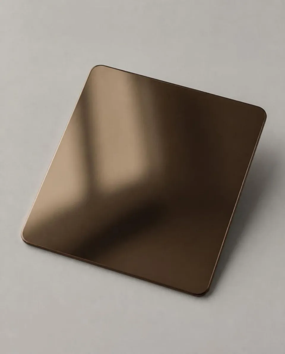 Bronze mirror stainless steel sheet sample, reflective (AI studio visual)