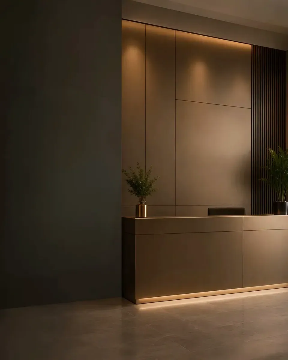 Lobby with bronze stainless steel wall panels and reception counter