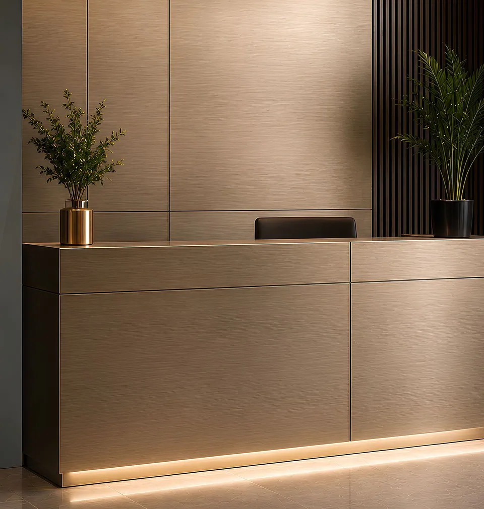 Reception counter and wall in brushed bronze stainless steel with a wave pattern