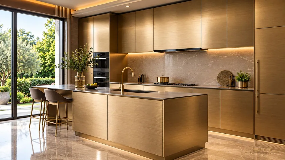 Champagne Gold Bead Blast Stainless Steel Designer Sheets featuring a refined matte metallic texture for elegant feature walls and luxury residential interiors.