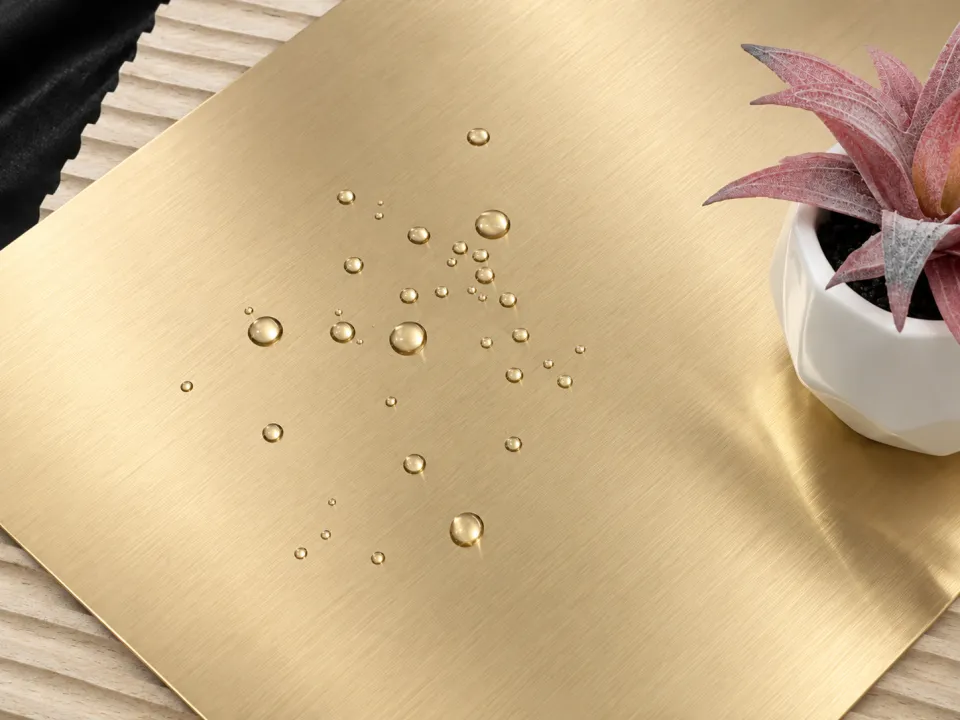 Studio visual of a Champagne Gold Hairline stainless steel sheet