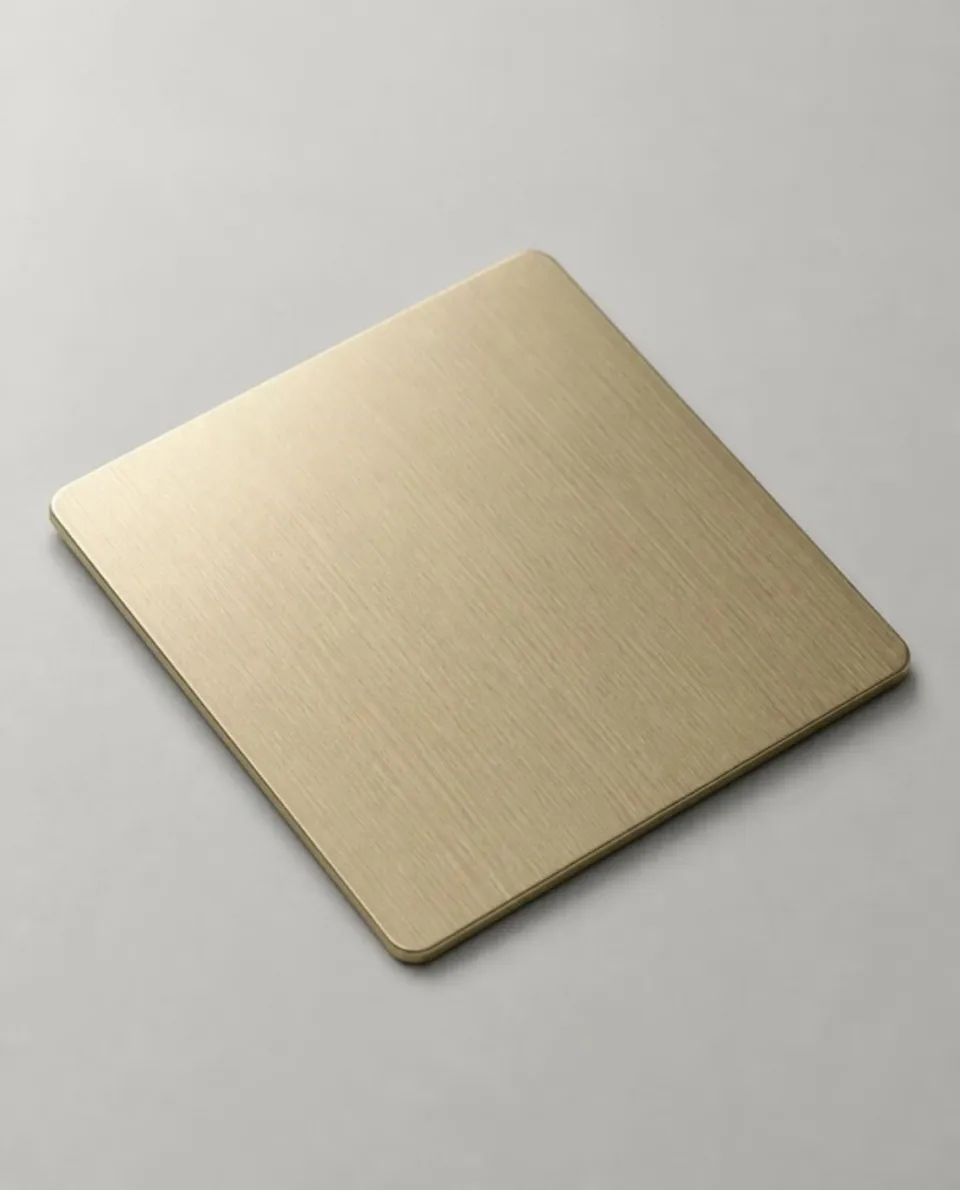 Champagne gold hairline stainless steel sheet sample, long straight brushed lines (AI studio visual)