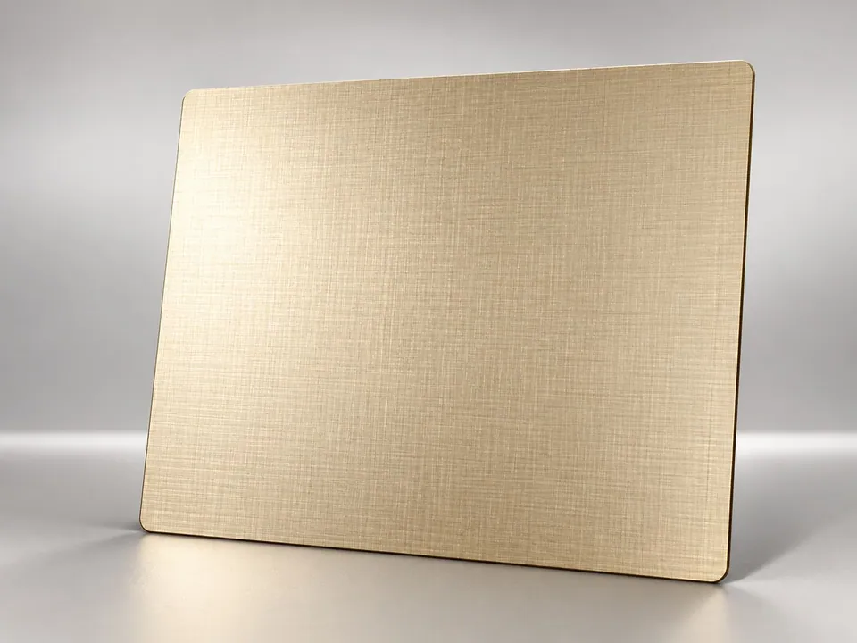 Champagne Gold Linen Finish Stainless Steel Designer Sheet featuring a subtle crosshatch woven texture and soft metallic sheen, ideal for luxury wall cladding, decorative panels and contemporary interiors.