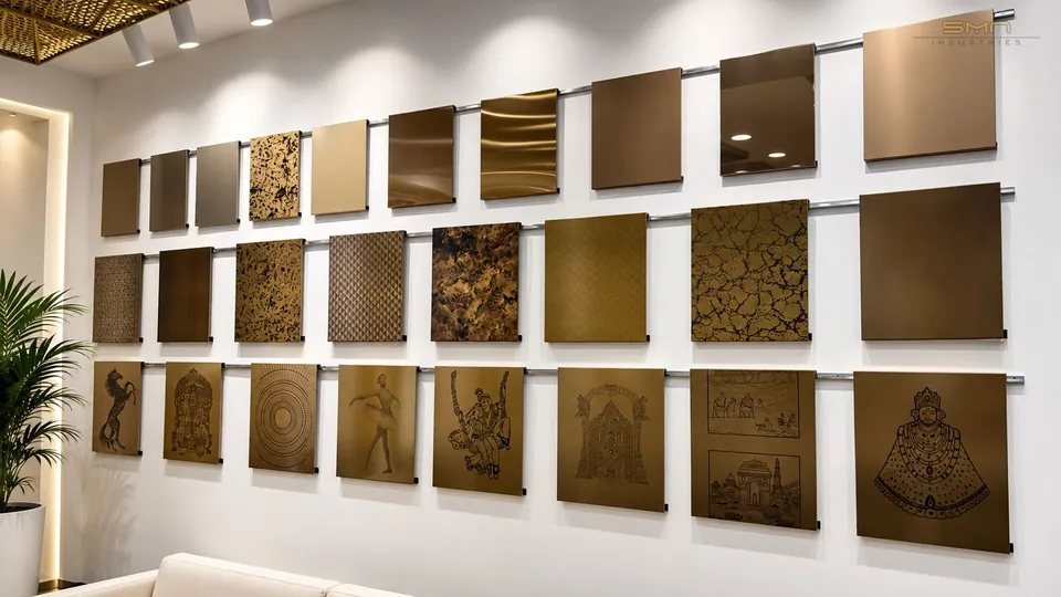 Premium stainless steel designer sheets showcasing elegant metallic finishes, decorative textures, etched patterns and custom artwork for luxury architectural interiors