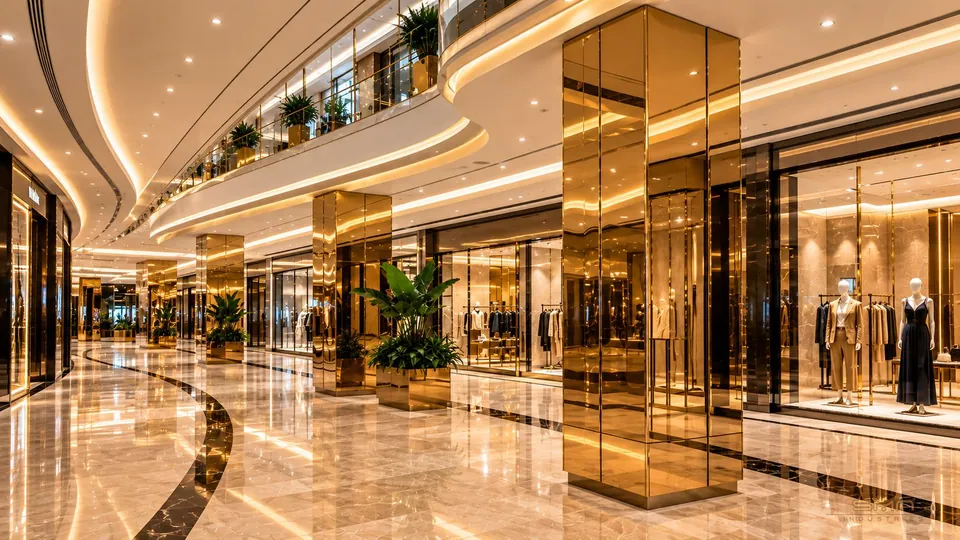Luxury shopping mall interior featuring gold mirror stainless steel column cladding, elegant metallic finishes and contemporary architectural design.