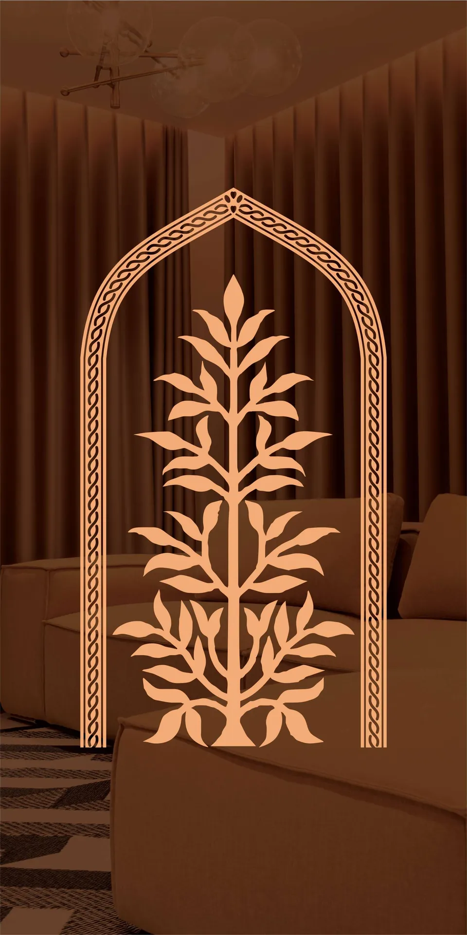 Etched design No. 431 in rose gold, an arched tree-of-life feature panel (design visual)