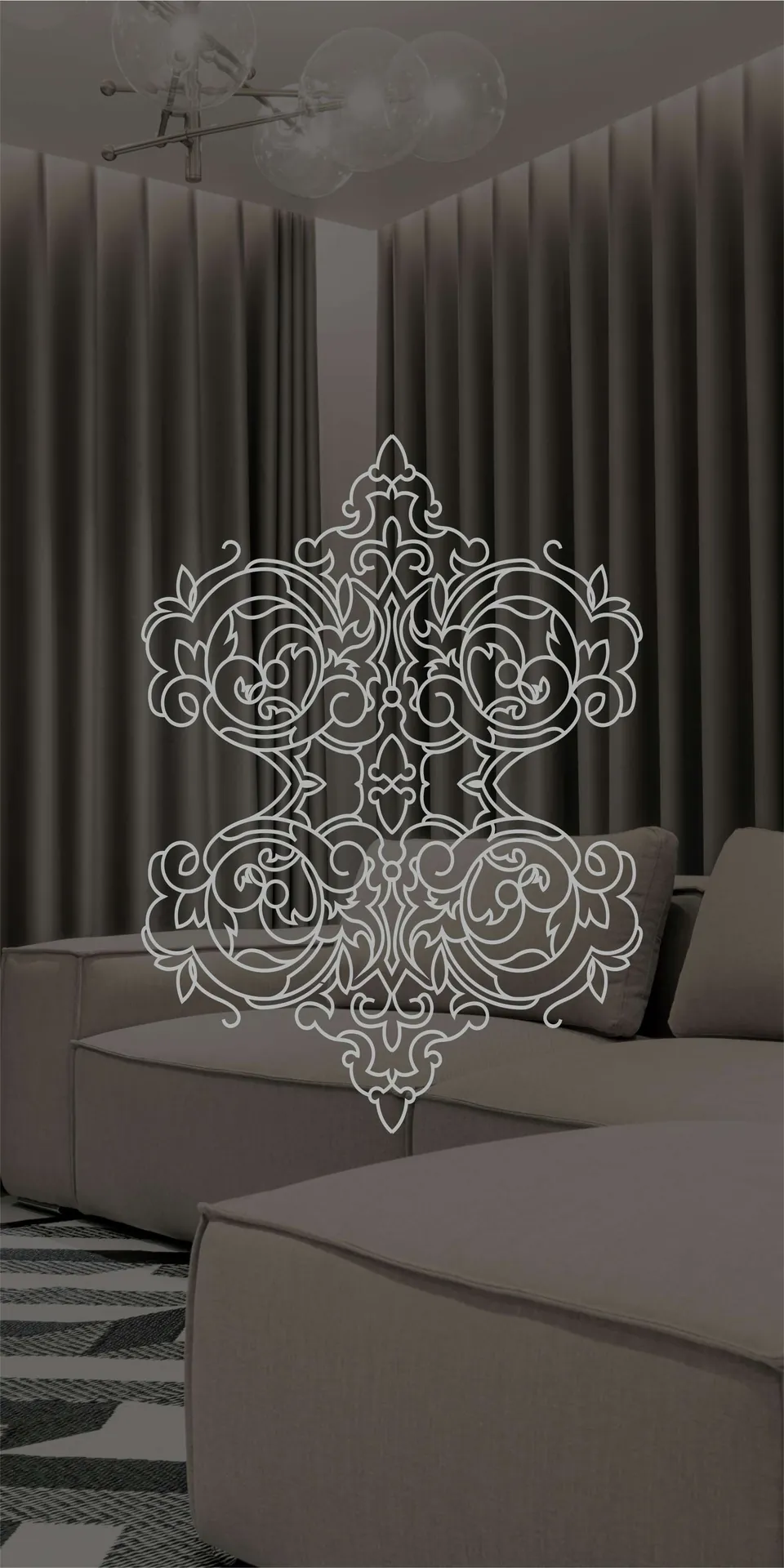 Etched design No. 437 in silver as a tall feature panel in a lounge (design visual)