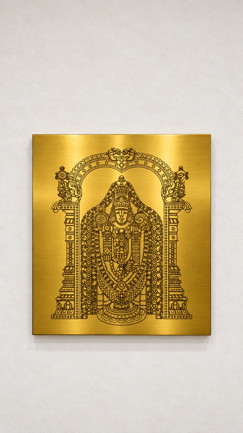 Gold etched stainless steel panel with a Balaji design