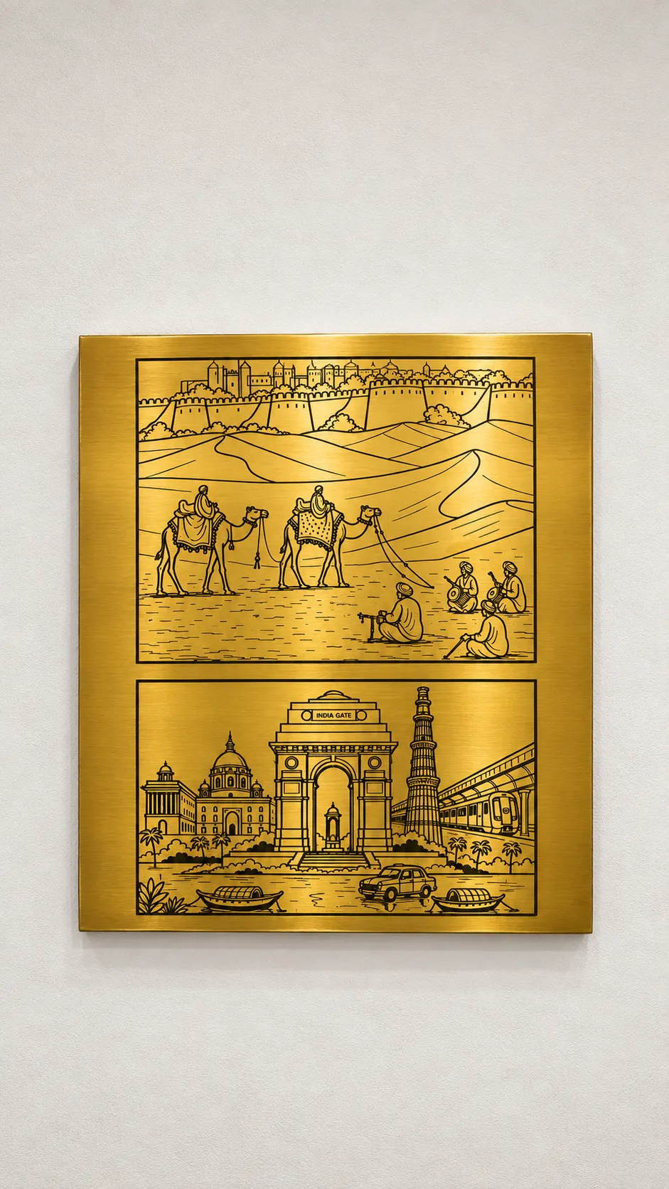 Gold etched stainless steel panel with camels and India Gate scenes