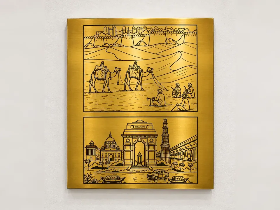 Gold etched stainless steel panel with camels and India Gate scenes