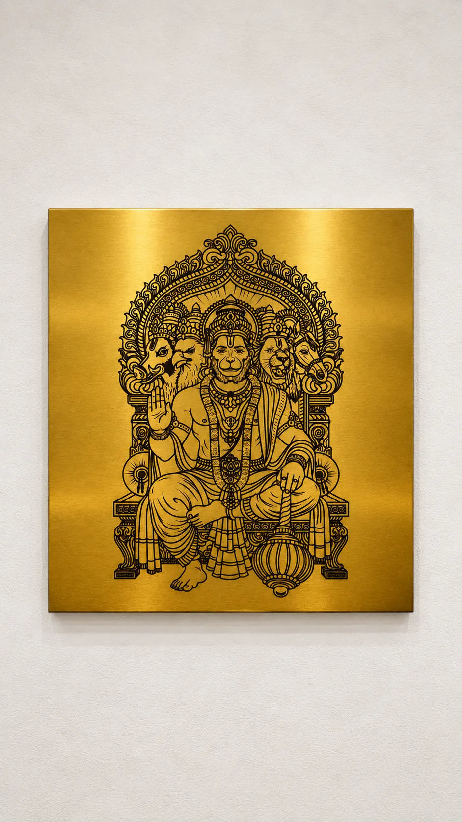 Gold etched stainless steel panel with a deity design