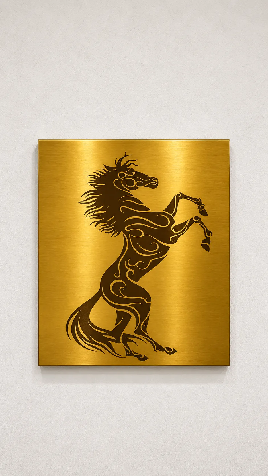 Gold etched stainless steel panel with a horse design