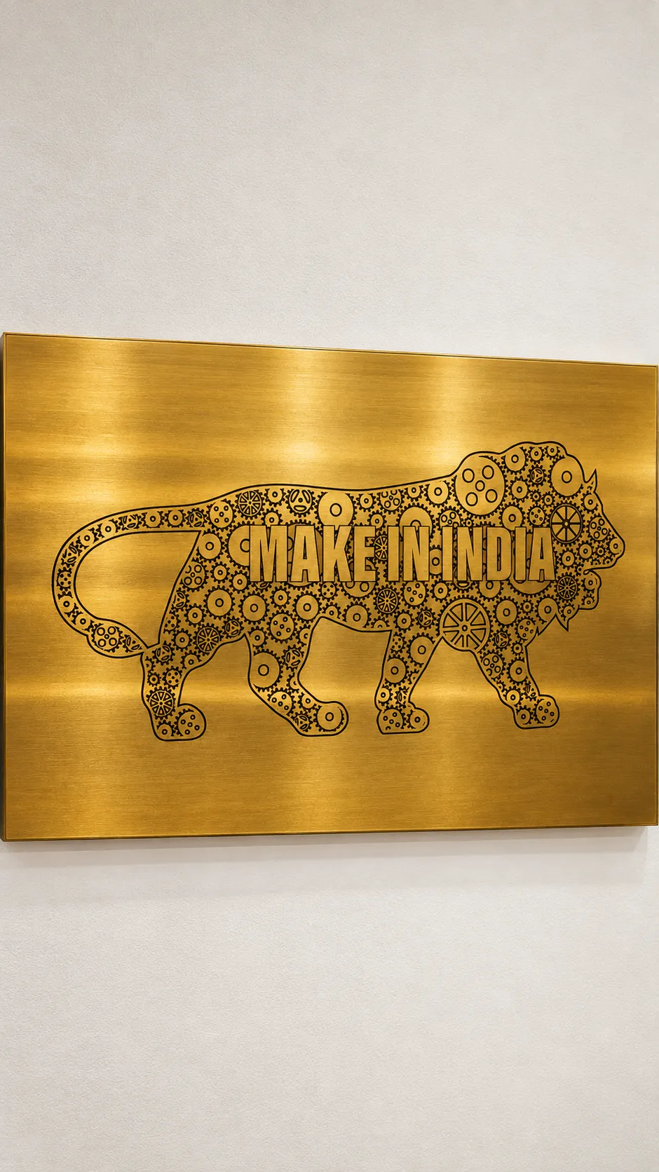Gold etched stainless steel panel with the Make in India lion