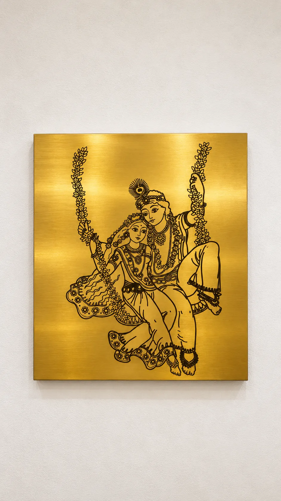 Gold etched stainless steel panel with a Radha Krishna design