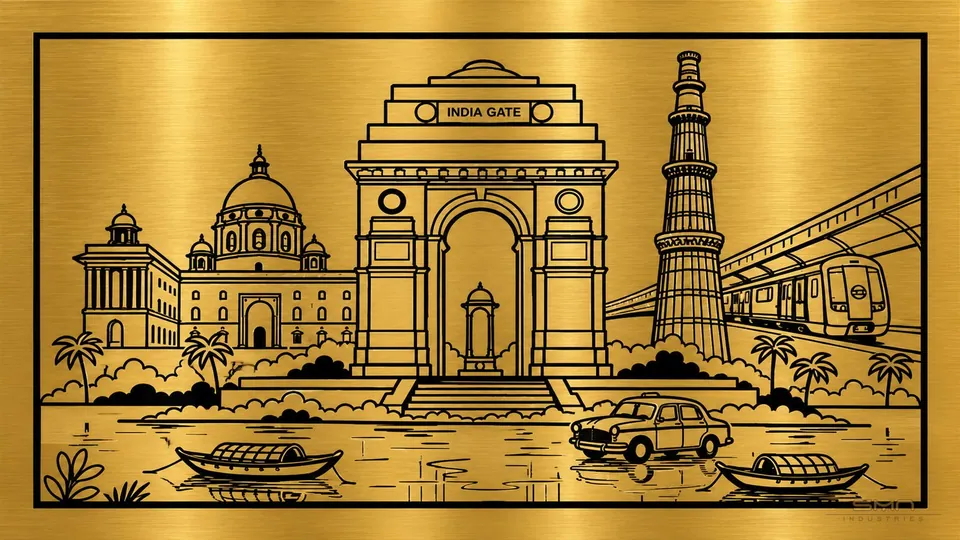 Gold hairline stainless steel designer sheet featuring intricate Delhi landmark artwork, including India Gate and Qutub Minar, showcasing custom decorative patterns by SMN Industries.