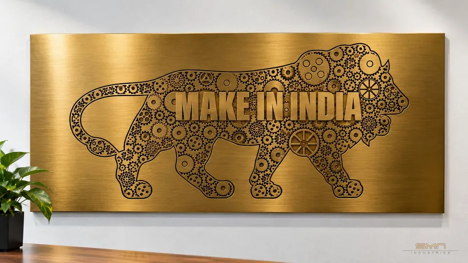 Gold hairline stainless steel designer sheet featuring intricate Make in India lion artwork, showcasing premium metallic finishes and custom decorative designs by SMN Industries.